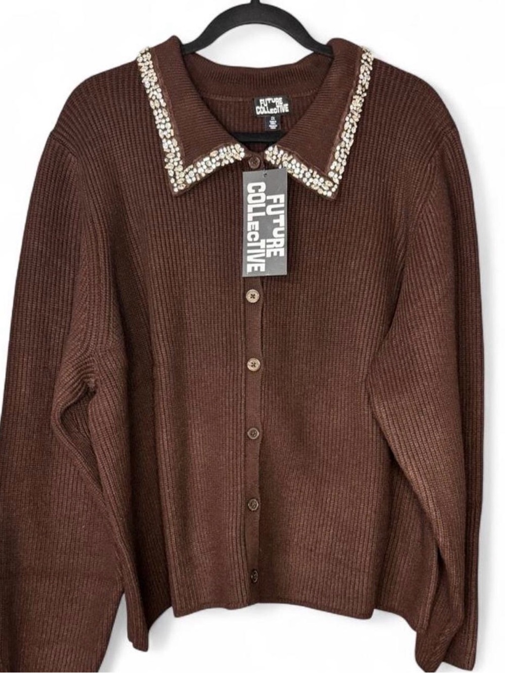 Future Collective Brown Ribbed Cardigan with Jeweled Collar
